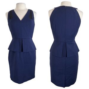 Catherine Sz 6 Deep Blue Navy Peplum Dress Sleeveless Mesh Detail V Neck Stretch